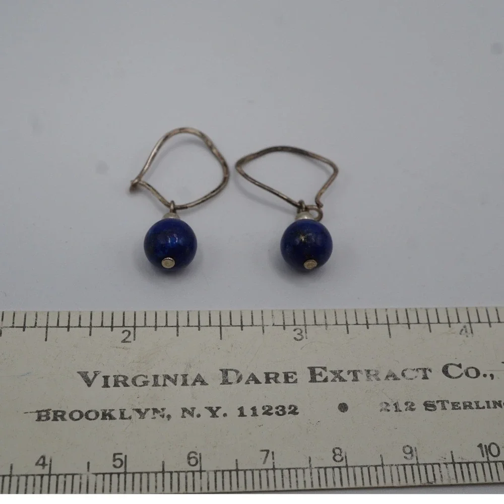Sterling Silver Lapis Lazuli Round Bead Kidney Wire Drop Earrings 2.35g